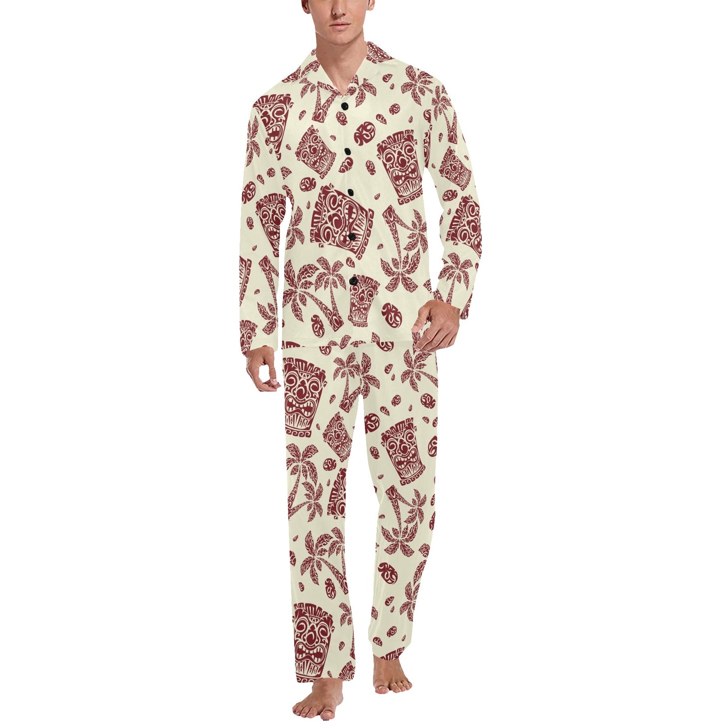 Tiki Tribal Mask Palm Tree Men's Long Pajama Set