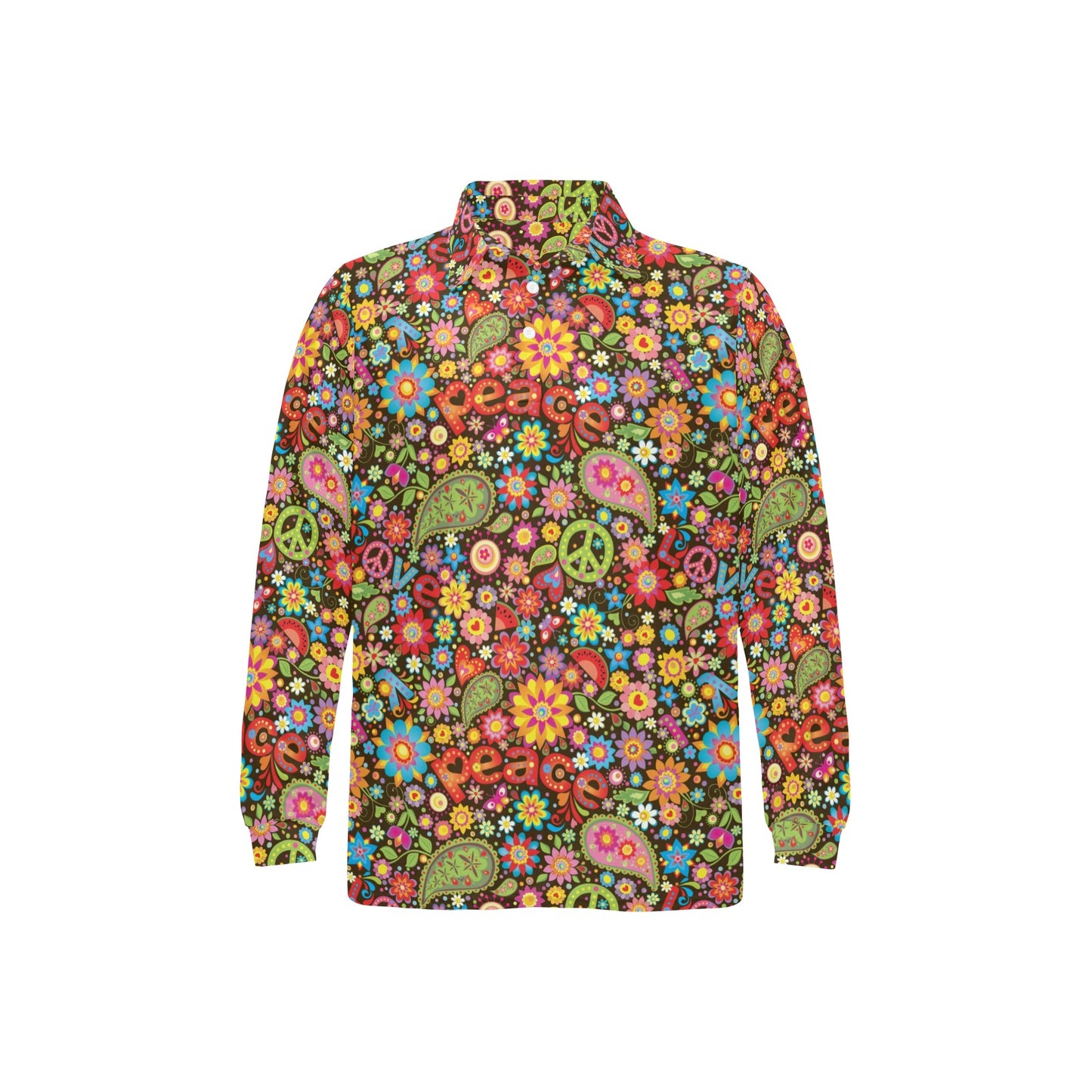 Flower Power Peace Paisley Themed Print Long Sleeve Polo Shirt For Men's