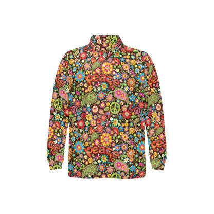 Flower Power Peace Paisley Themed Print Long Sleeve Polo Shirt For Men's