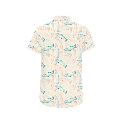 Salmon Fish Print Design LKS305 Men Short Sleeve Button Up Shirt