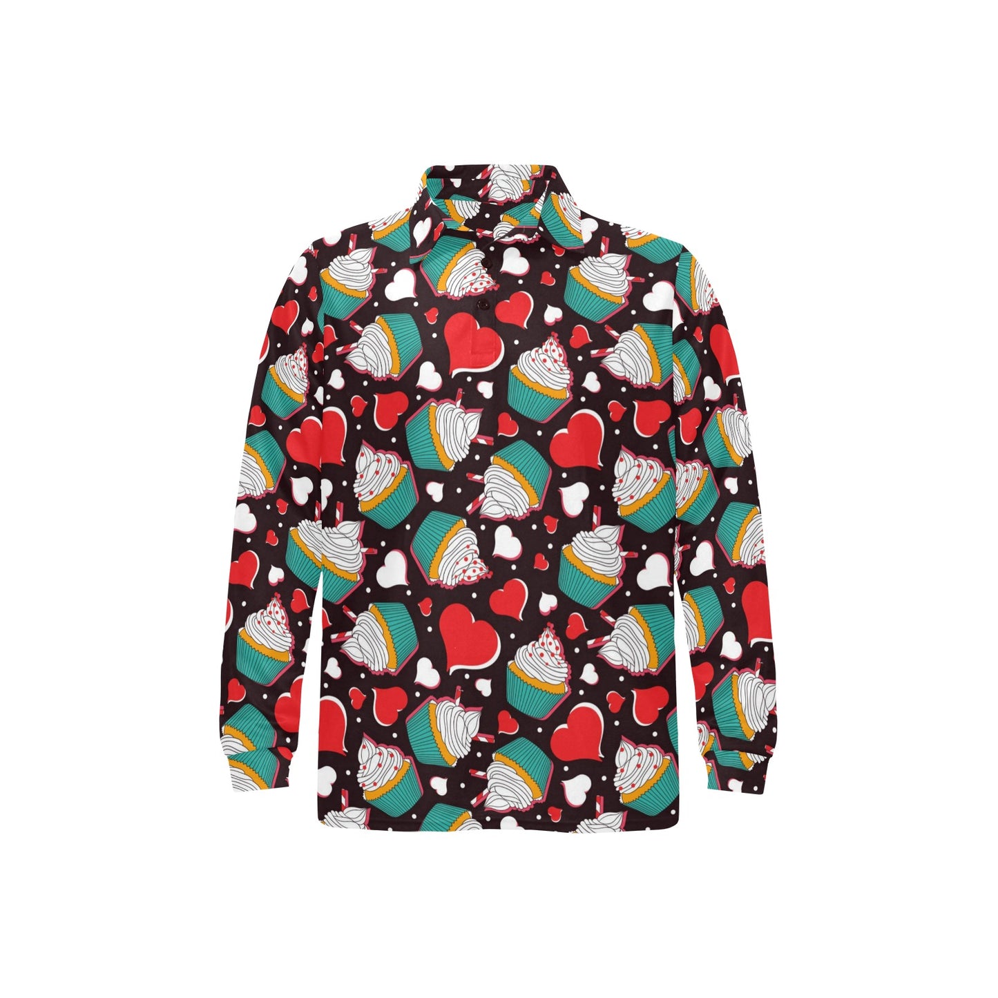 Cupcakes Heart Print Pattern Long Sleeve Polo Shirt For Men's