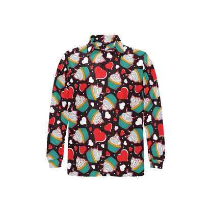 Cupcakes Heart Print Pattern Long Sleeve Polo Shirt For Men's