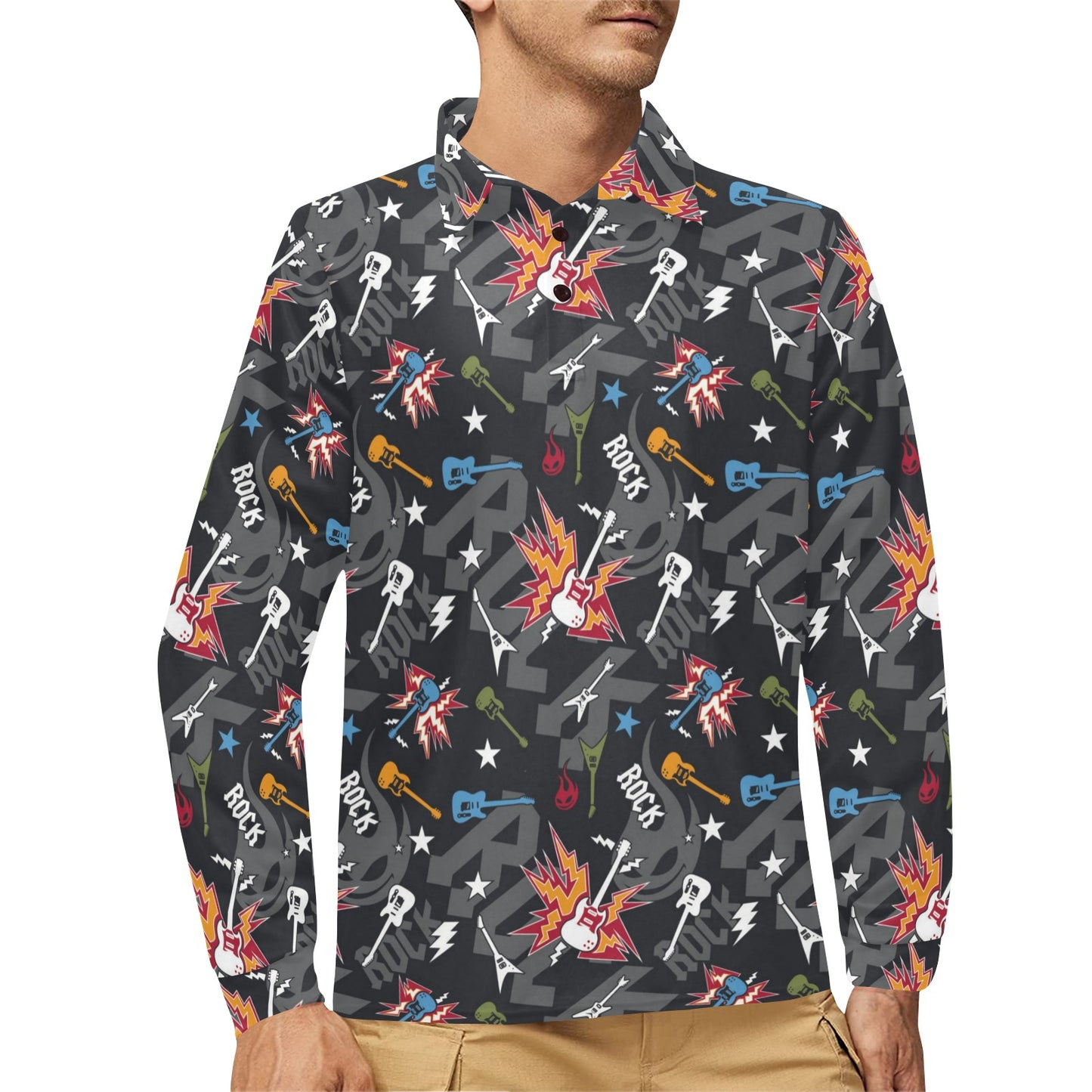 Rock and Roll Pattern Print Design A01 Long Sleeve Polo Shirt For Men's
