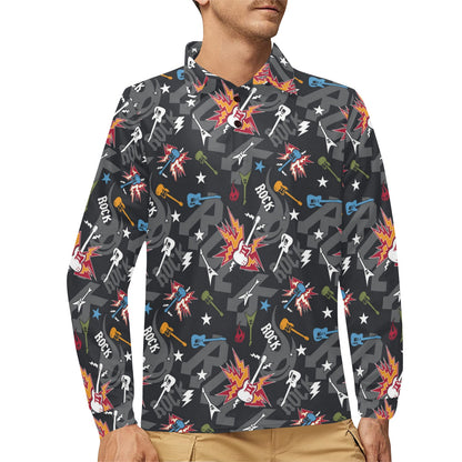 Rock and Roll Pattern Print Design A01 Long Sleeve Polo Shirt For Men's