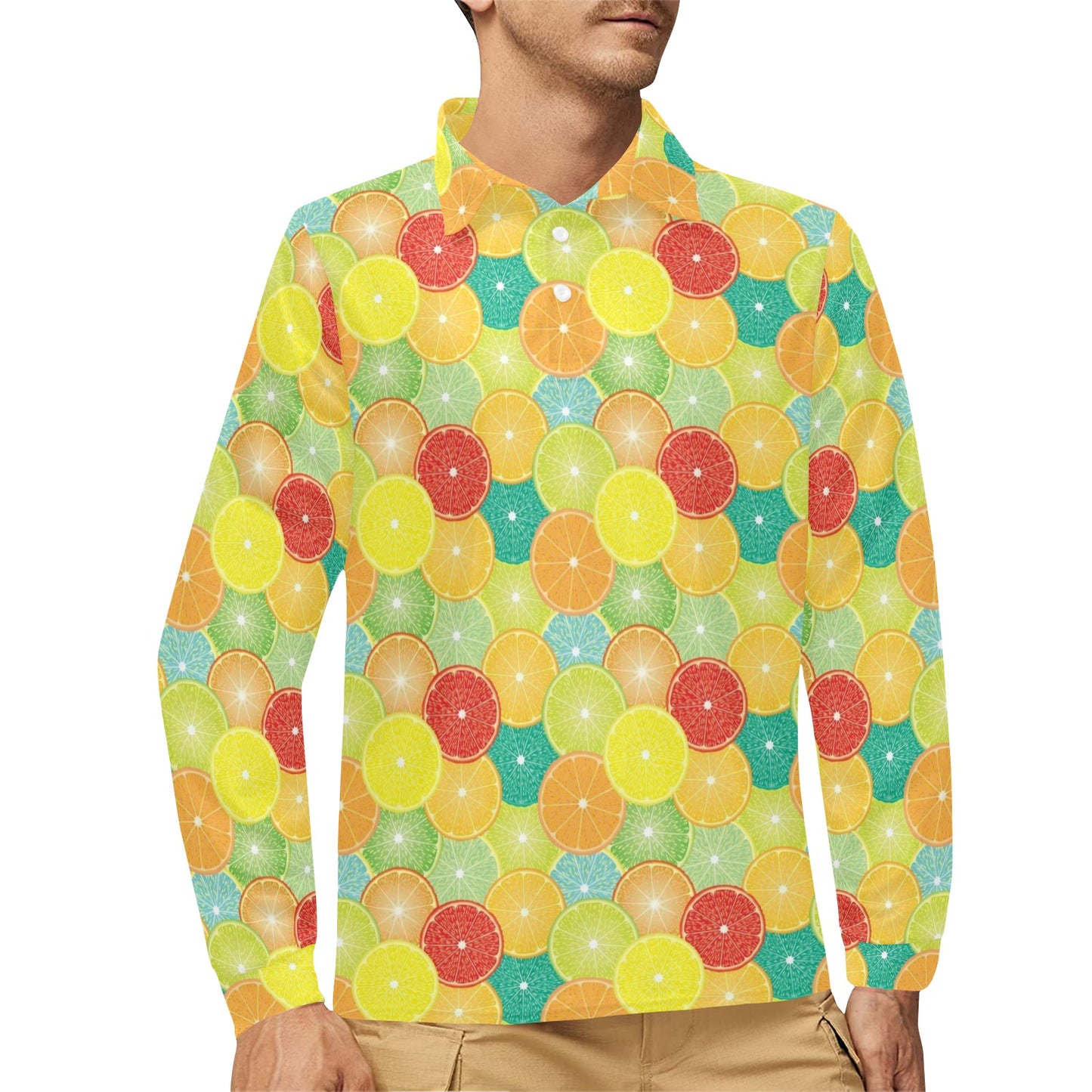 Citrus Pattern Print Design 01 Long Sleeve Polo Shirt For Men's