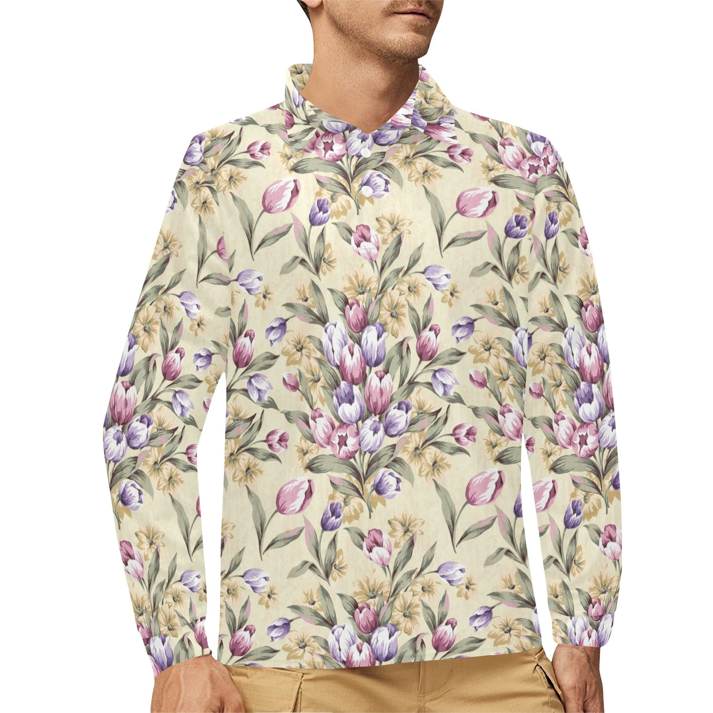 Tulip Pattern Print Design TP04 Long Sleeve Polo Shirt For Men's