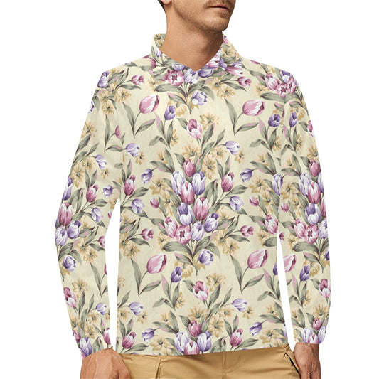 Tulip Pattern Print Design TP04 Long Sleeve Polo Shirt For Men's