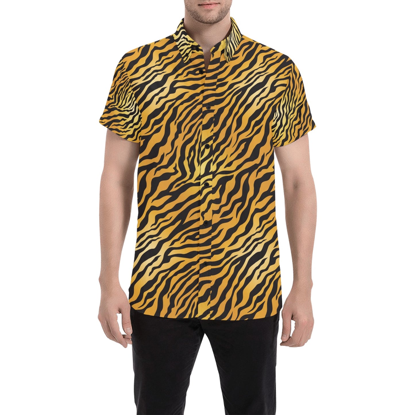 Tiger Print Design LKS302 Men Short Sleeve Button Up Shirt