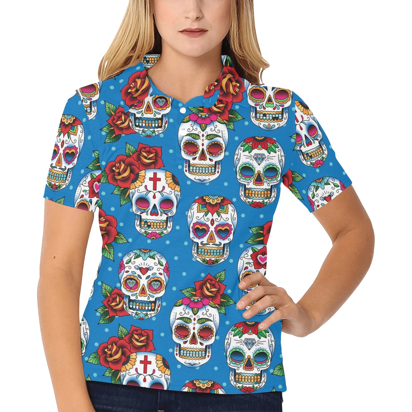 Sugar Skull Rose Pattern Women's Polo Shirt