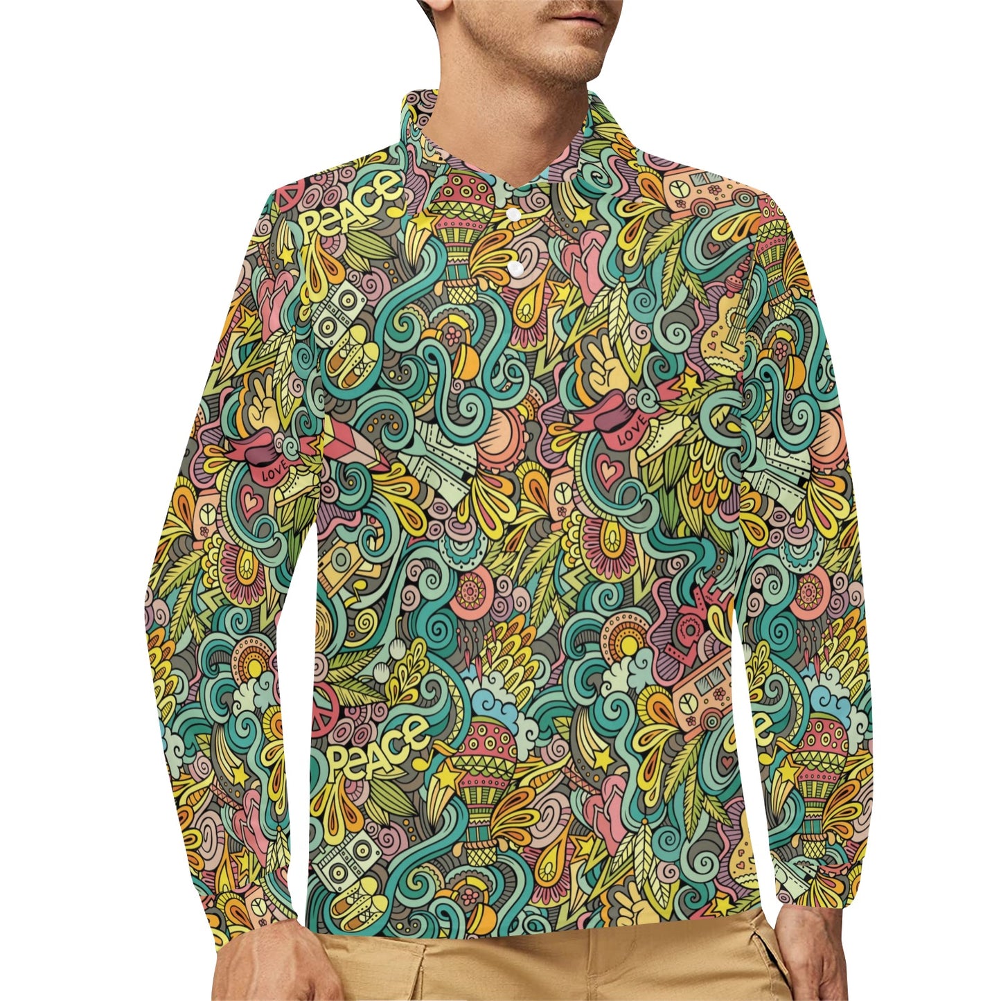 Hippie Print Design LKS302 Long Sleeve Polo Shirt For Men's