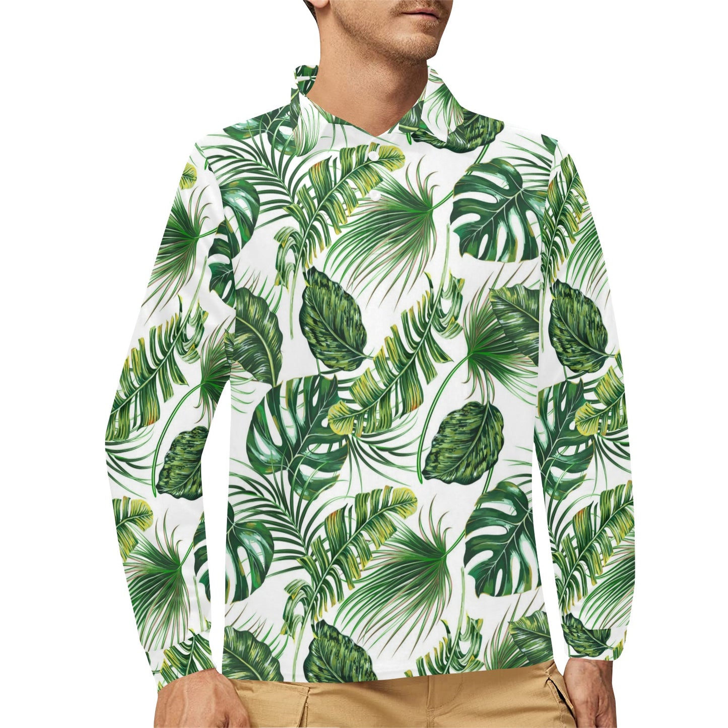 Green Pattern Tropical Palm Leaves Long Sleeve Polo Shirt For Men's