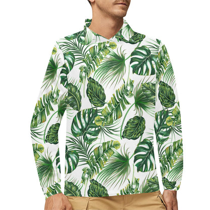Green Pattern Tropical Palm Leaves Long Sleeve Polo Shirt For Men's