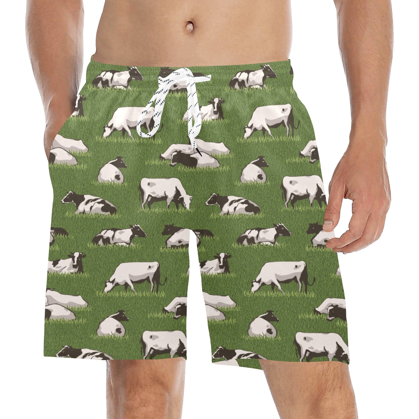 Cow on Grass Print Pattern Men's Swim Trunks Beach Shorts