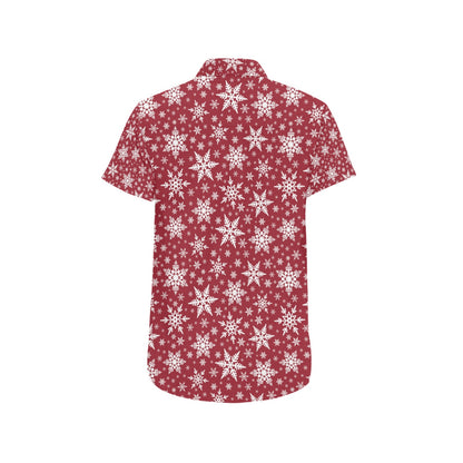 Snowflake Red Print Design LKS302 Men Short Sleeve Button Up Shirt