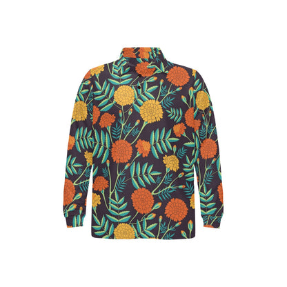 Marigold Pattern Print Design MR01 Long Sleeve Polo Shirt For Men's