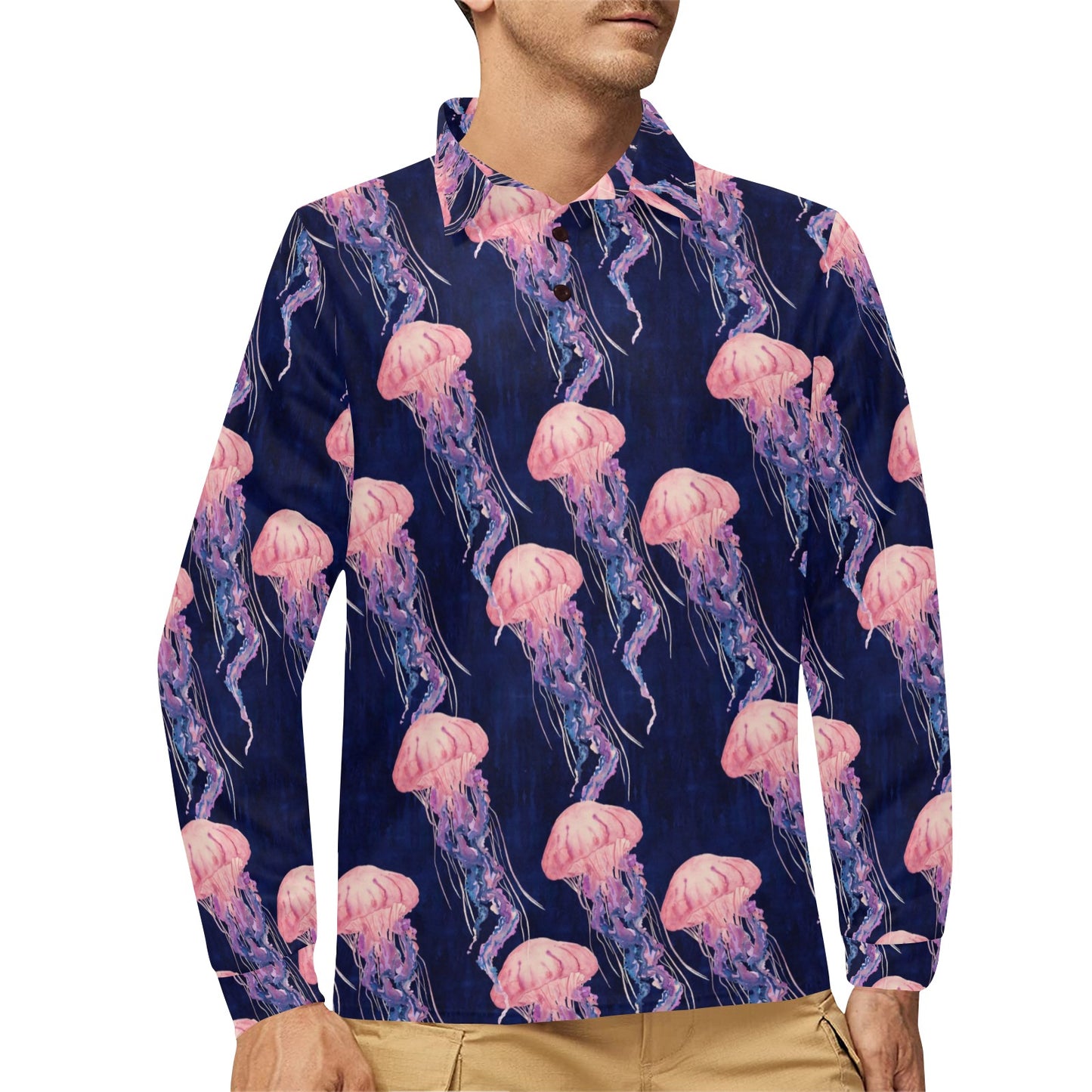 Jellyfish Pattern Print Design 03 Long Sleeve Polo Shirt For Men's