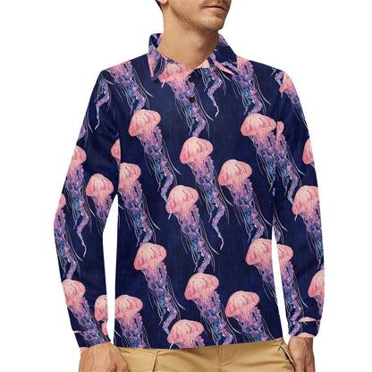 Jellyfish Pattern Print Design 03 Long Sleeve Polo Shirt For Men's