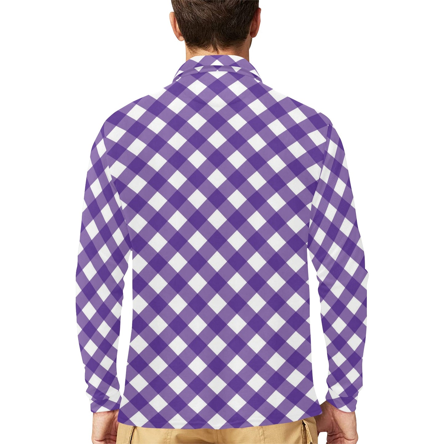 Gingham Purple Pattern Print Design 03 Long Sleeve Polo Shirt For Men's