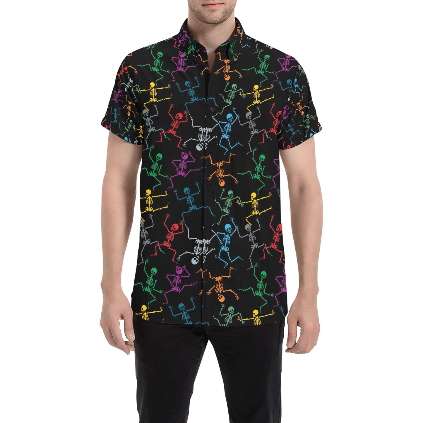 Skeleton Colorful Print Design LKS302 Men Short Sleeve Button Up Shirt