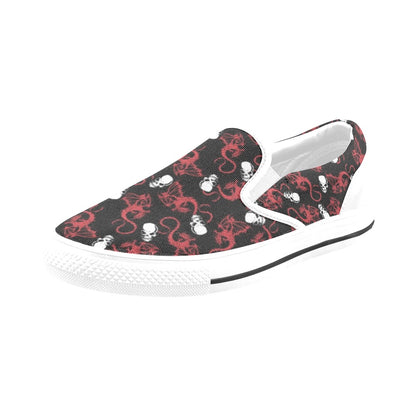 Skull With Red Dragon Print Design LKS304 White Slip Ons Canvas Women's Shoes
