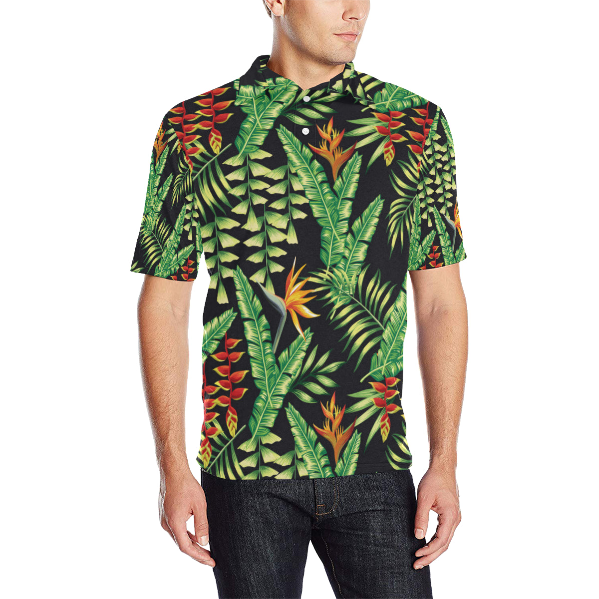 Hawaiian Flower Tropical Palm Leaves Men Polo Shirt