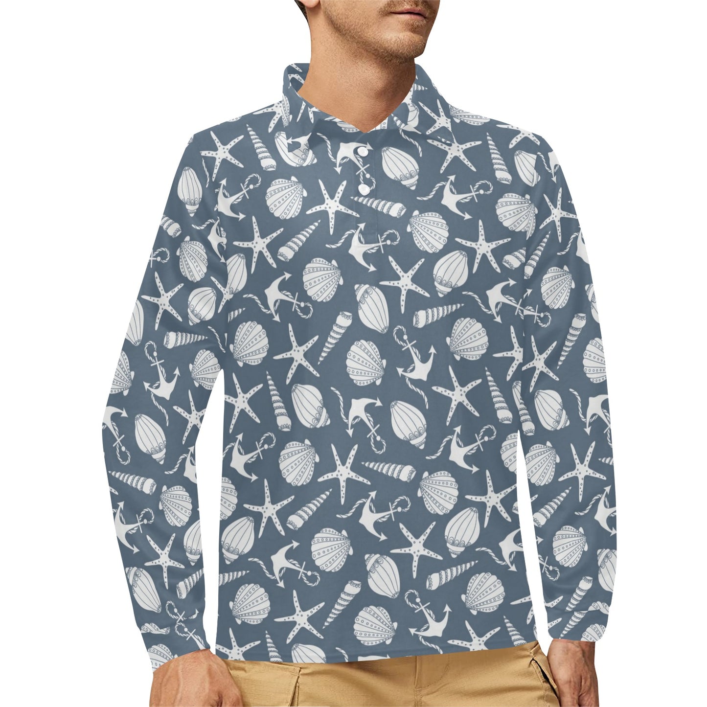 Seashell Print Design LKS306 Long Sleeve Polo Shirt For Men's