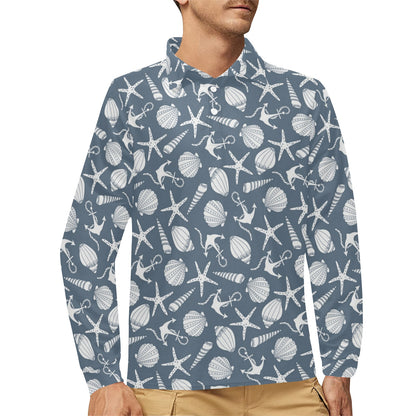 Seashell Print Design LKS306 Long Sleeve Polo Shirt For Men's