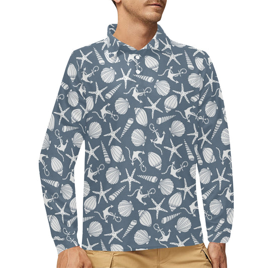 Seashell Print Design LKS306 Long Sleeve Polo Shirt For Men's