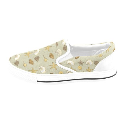 Seashell Beach Print Design LKS303 White Slip Ons Canvas Women's Shoes