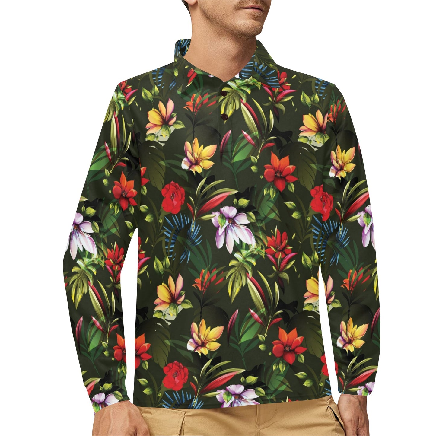 Magnolia Pattern Print Design 02 Long Sleeve Polo Shirt For Men's