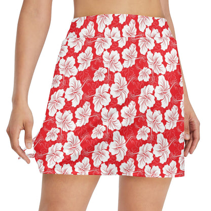 Flower Hawaiian Hibiscus Red Background Print 17" Golf & Pickleball Skort with Pockets