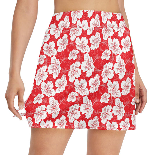 Flower Hawaiian Hibiscus Red Background Print Women's Golf Skirt with Pocket