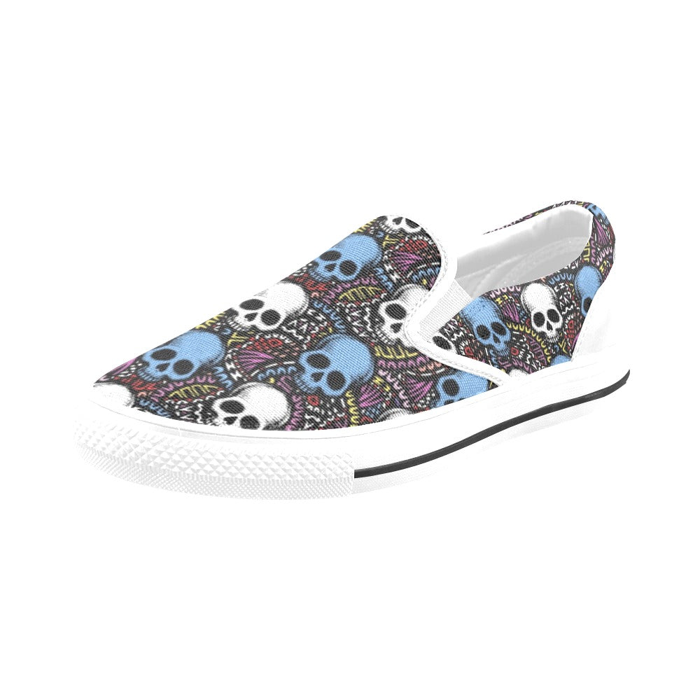 Skull Print Design LKS305 White Slip Ons Canvas Women's Shoes