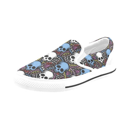 Skull Print Design LKS305 White Slip Ons Canvas Women's Shoes