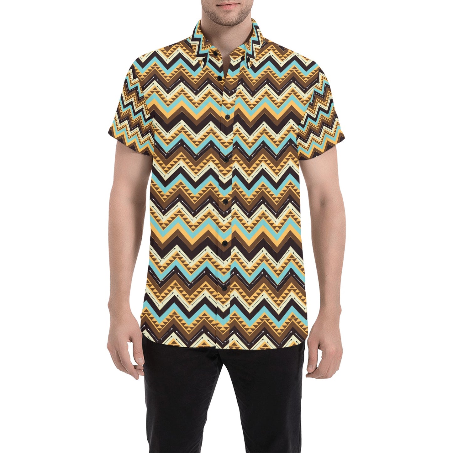 Southwest Pattern Print Design LKS301 Men Short Sleeve Button Up Shirt