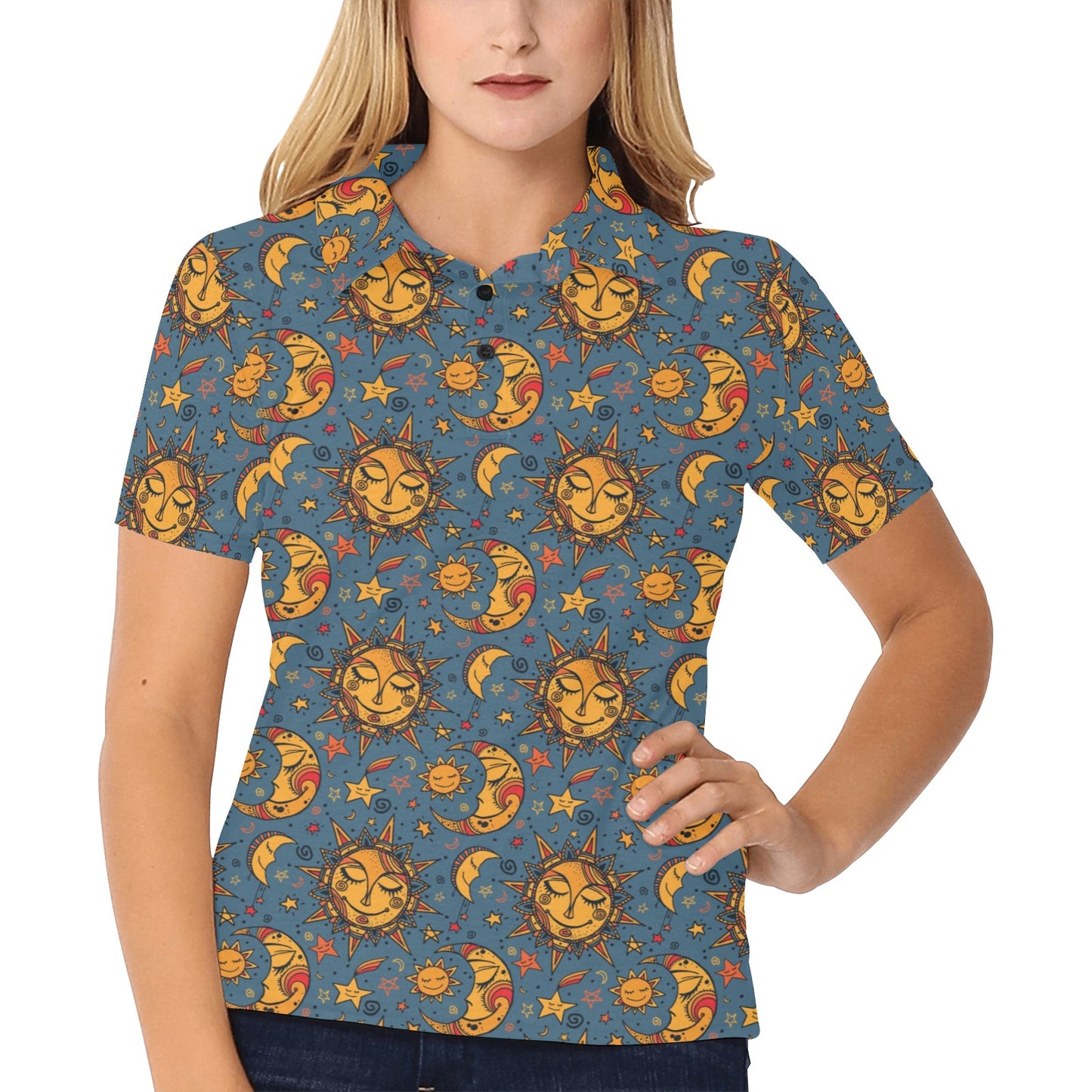 Celestial Moon Sun Pattern Print Design 02 Women's Polo Shirt
