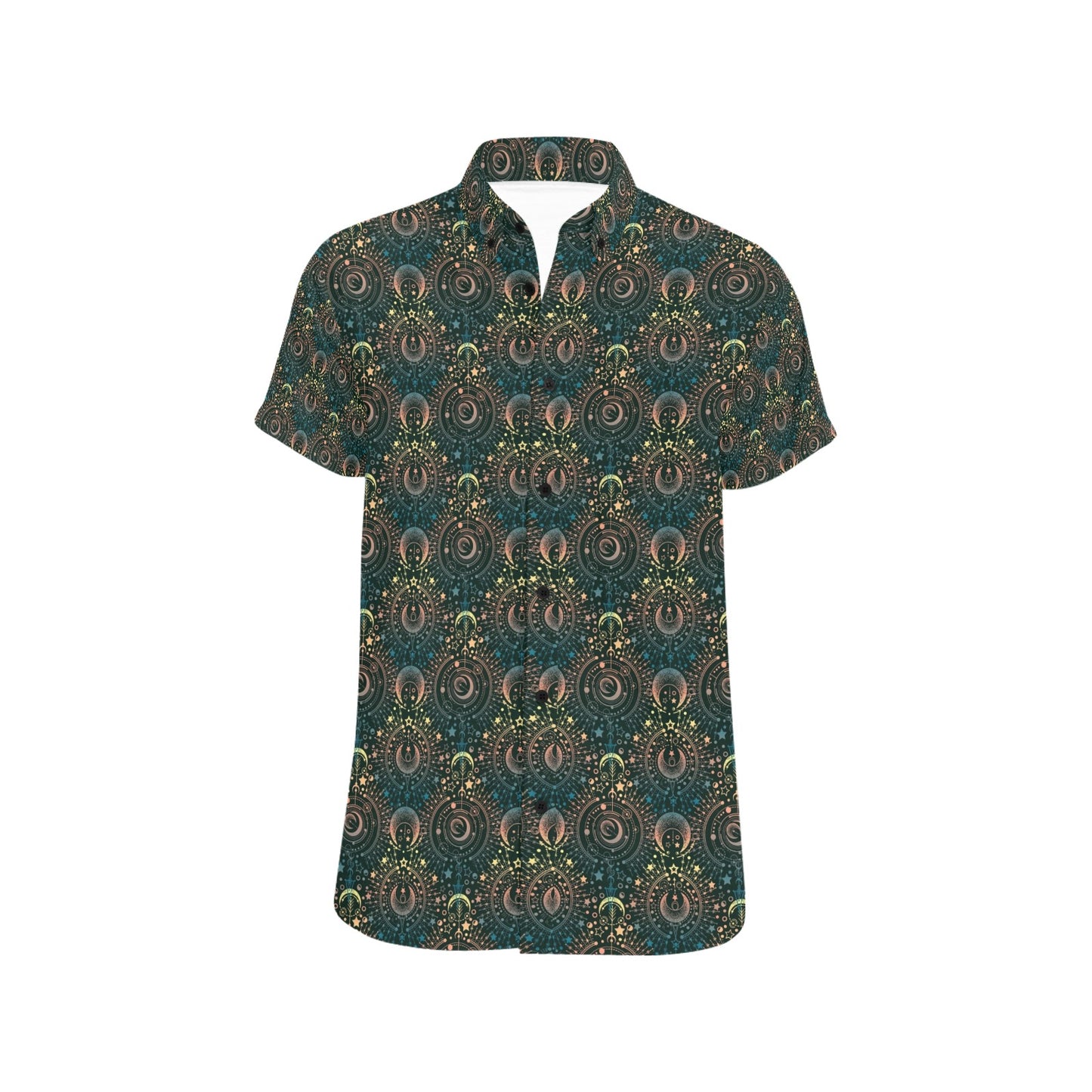 Sun Moon Print Design LKS307 Men Short Sleeve Button Up Shirt