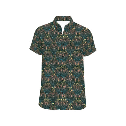 Sun Moon Print Design LKS307 Men Short Sleeve Button Up Shirt