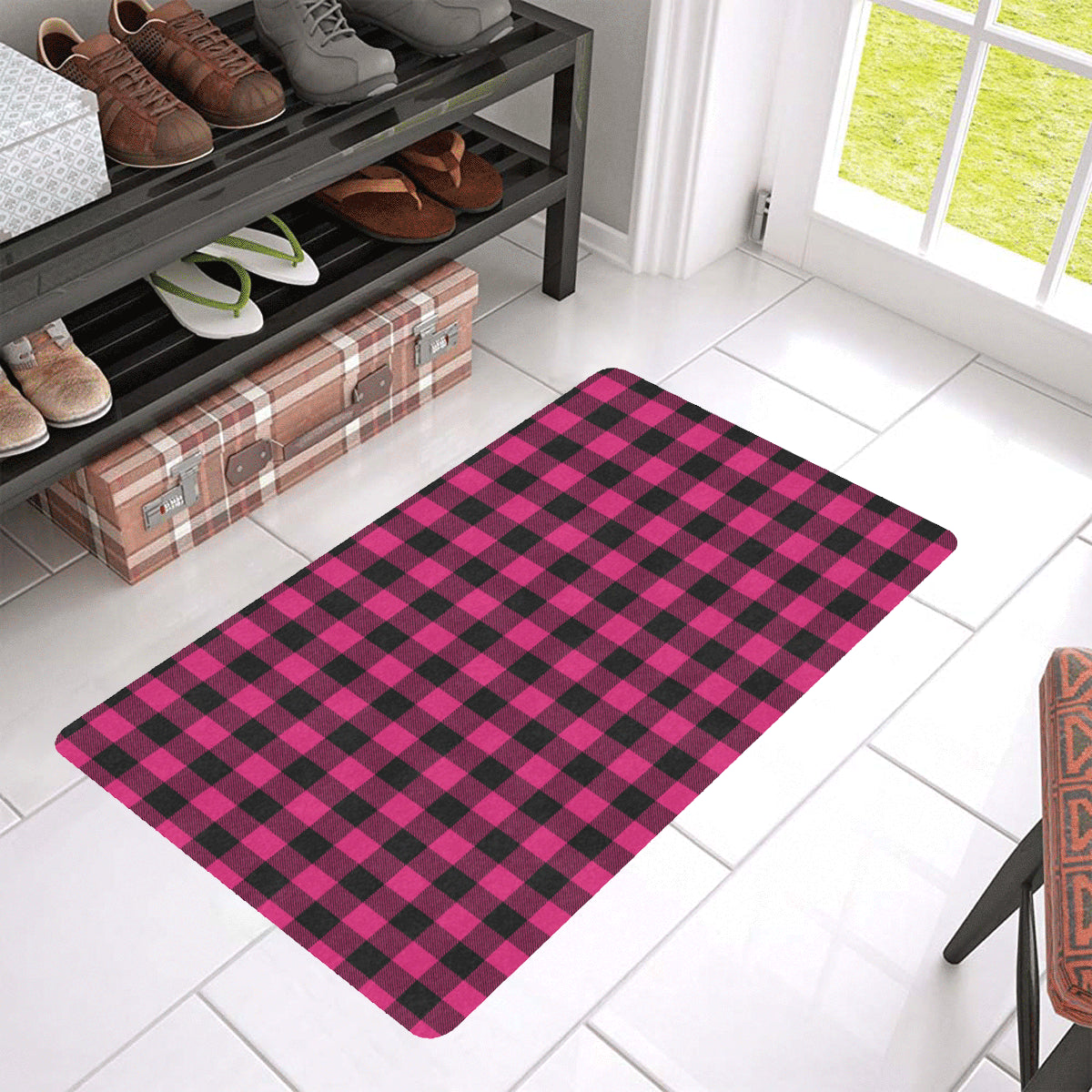 Pink Tartan Plaid Pattern Rubber Doormat