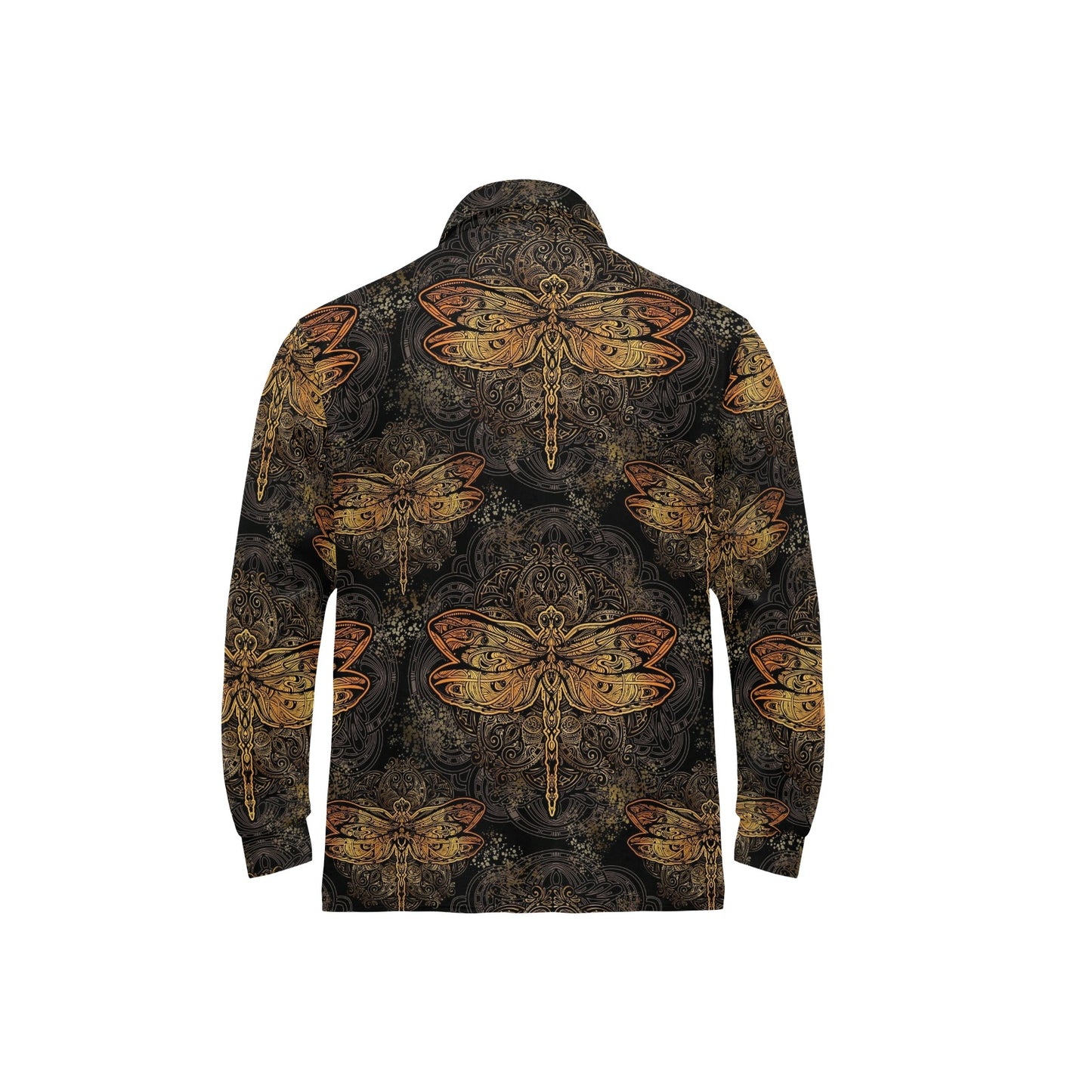 Gold Dragonfly Mandala Long Sleeve Polo Shirt For Men's