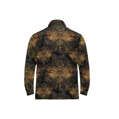 Gold Dragonfly Mandala Long Sleeve Polo Shirt For Men's