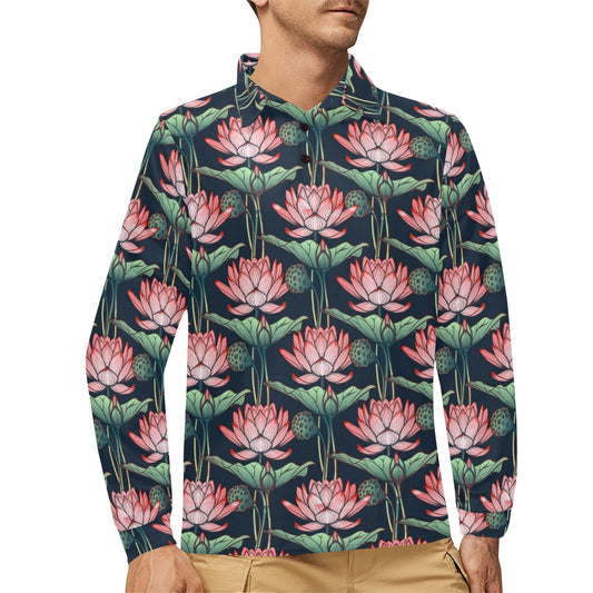 Water Lily Pattern Print Design WL03 Long Sleeve Polo Shirt For Men's