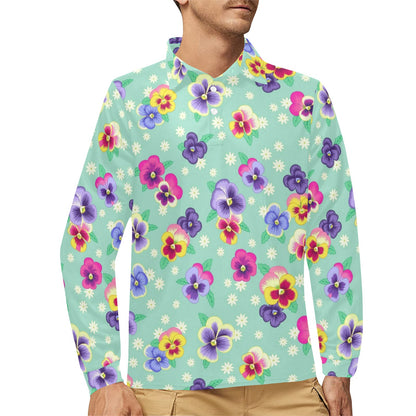 Pansy Pattern Print Design PS08 Long Sleeve Polo Shirt For Men's
