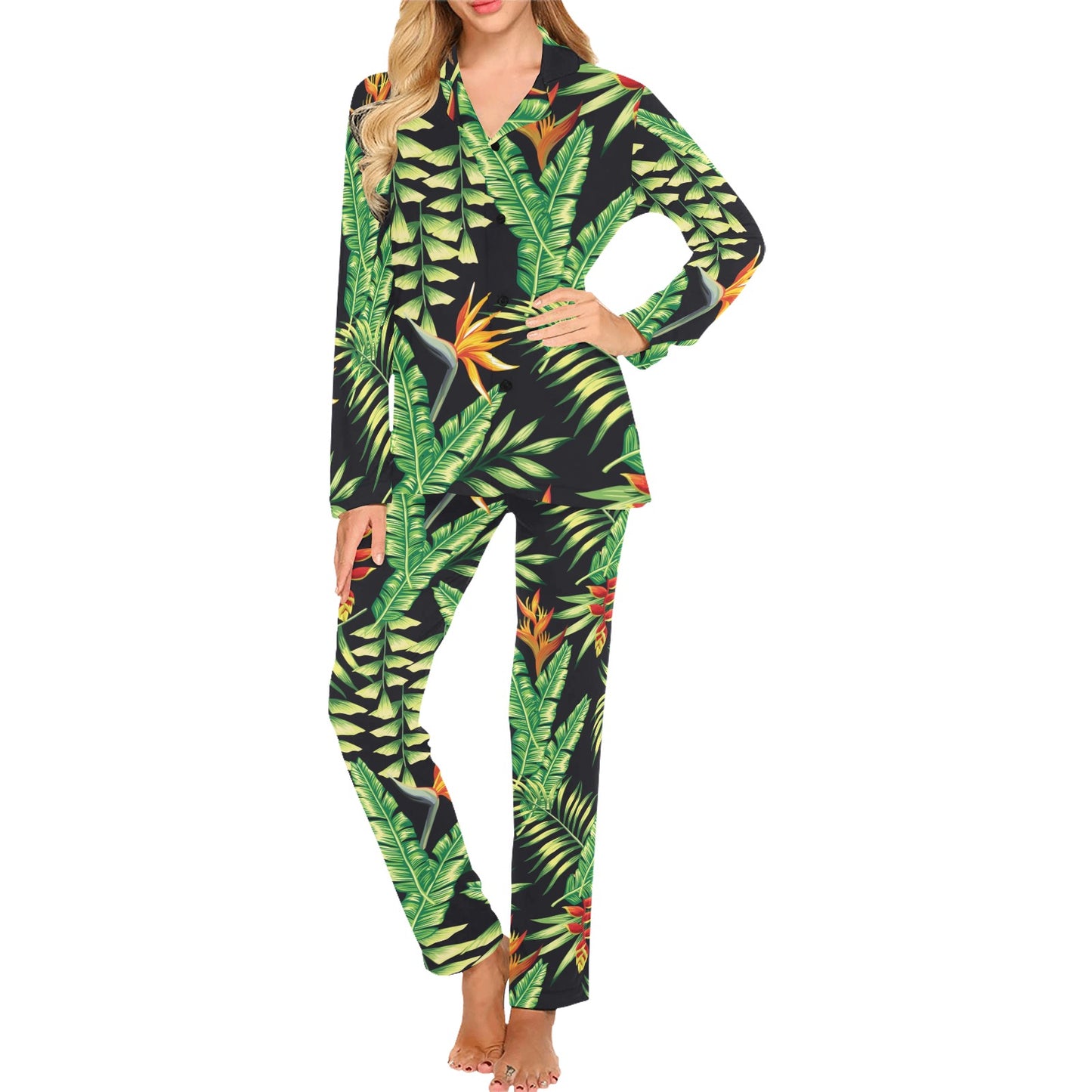 Hawaiian Flower Tropical Palm Leaves Women's Long Pajama Set