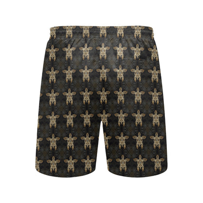 Gold Tribal Turtle Polynesian Design Men's Swim Trunks Beach Shorts