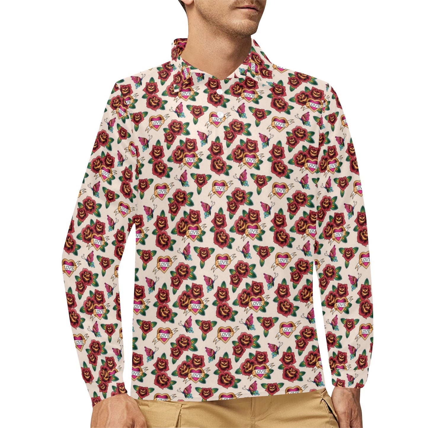 Old School Tattoo Rose Pattern Long Sleeve Polo Shirt For Men's