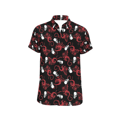 Skull With Red Dragon Print Design LKS304 Men Short Sleeve Button Up Shirt