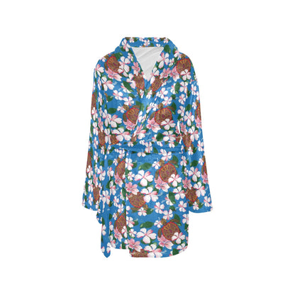 Sea Turtle Pink Hibiscus Hawaiian Print Women's Fleece Robe