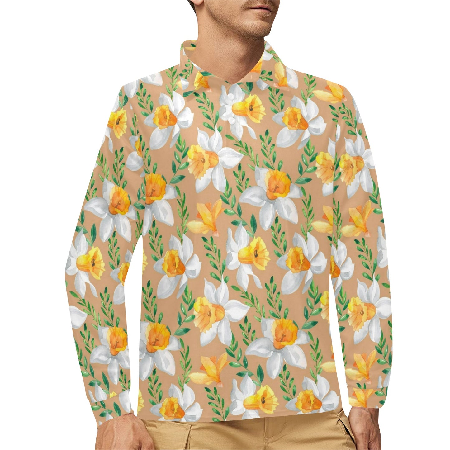 Daffodils Pattern Print Design DF04 Long Sleeve Polo Shirt For Men's