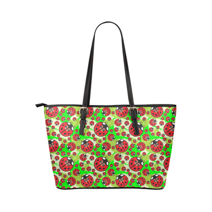 Ladybug with Leaf Print Pattern Leather Tote Bag